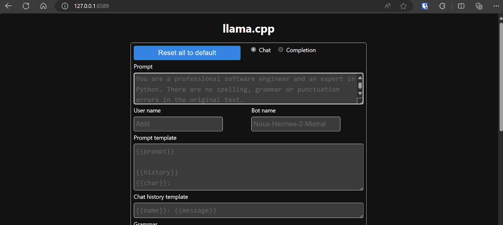 llama.cpp embedded web server running locally